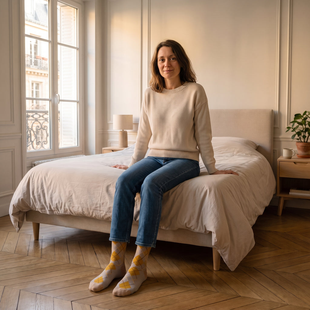 Chaussettes beiges à losanges jacquard portées aux pieds dans une chambre