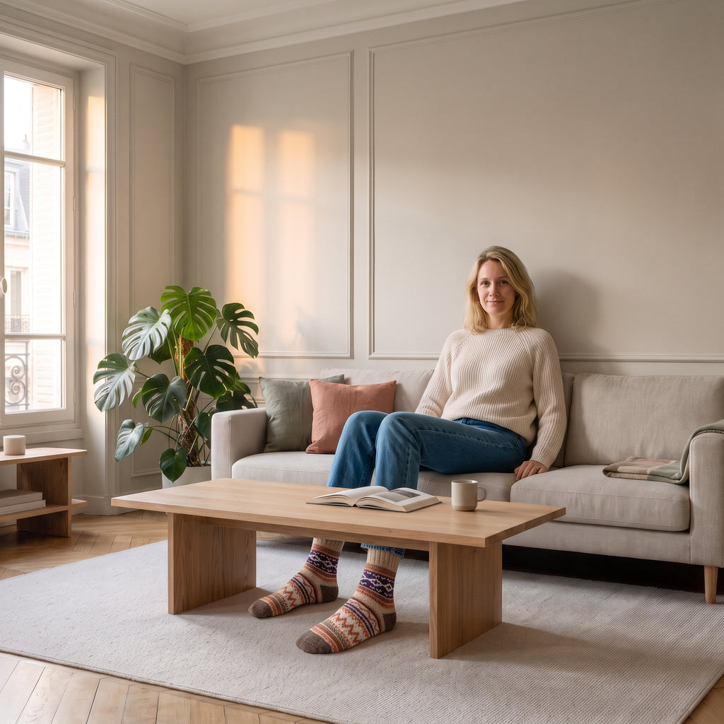 Chaussettes multicolores beiges portées aux pieds dans le salon