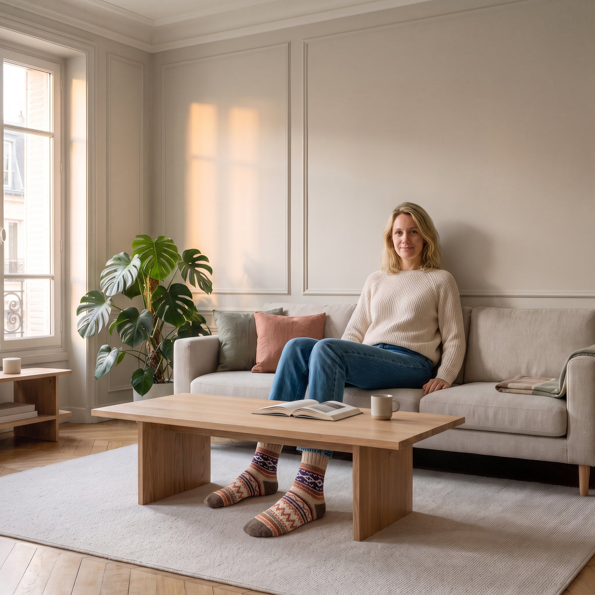 Chaussettes multicolores beiges portées aux pieds dans le salon