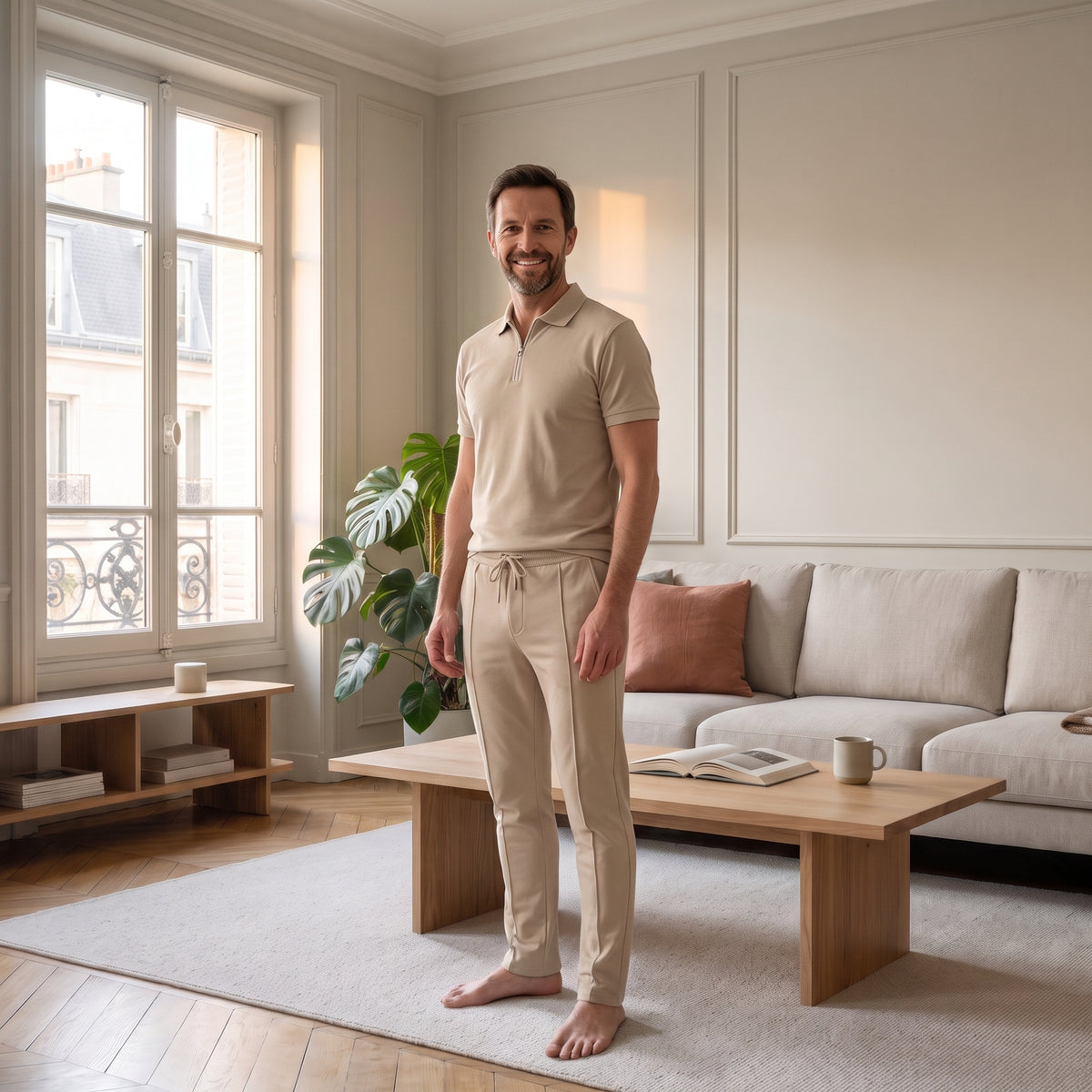 Ensemble homme polo beige porté dans le salon