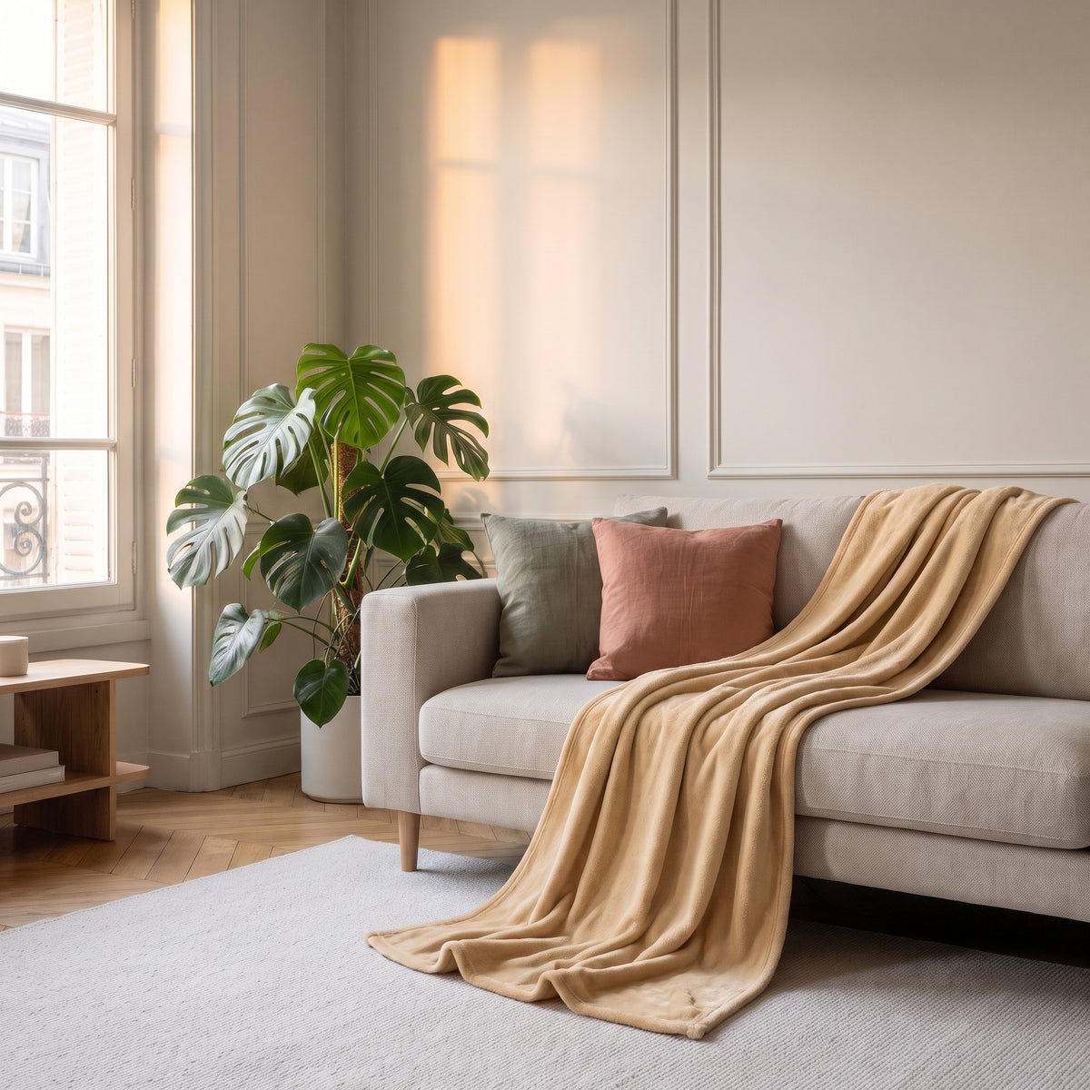 Plaid en flanelle beige jeté sur un canapé