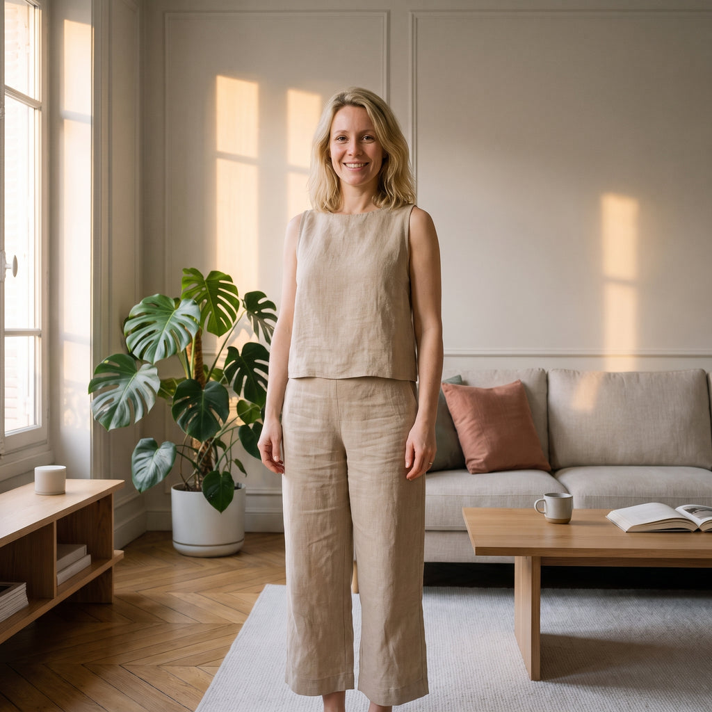Ensemble en lin beige porté par une femme