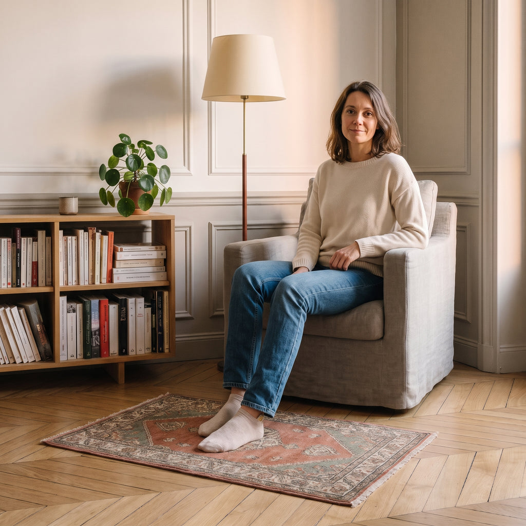 Chaussettes basses beiges à cœur doré portées aux pieds dans un coin lecture