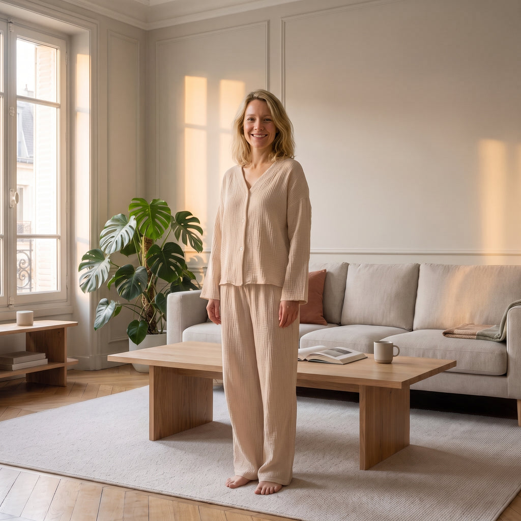 Ensemble en gaze de coton beige porté dans un salon