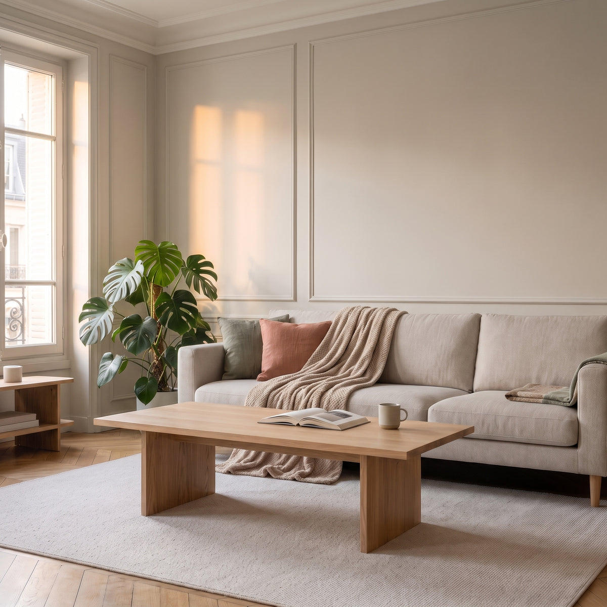 Plaid en polaire beige jeté sur un canapé