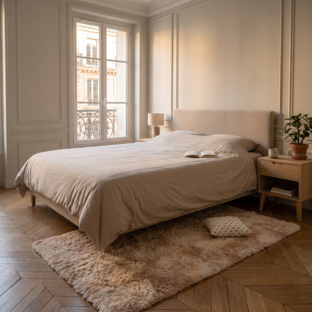 Tapis à poils longs beige au pied du lit, un petit coussin à pois posé dessus