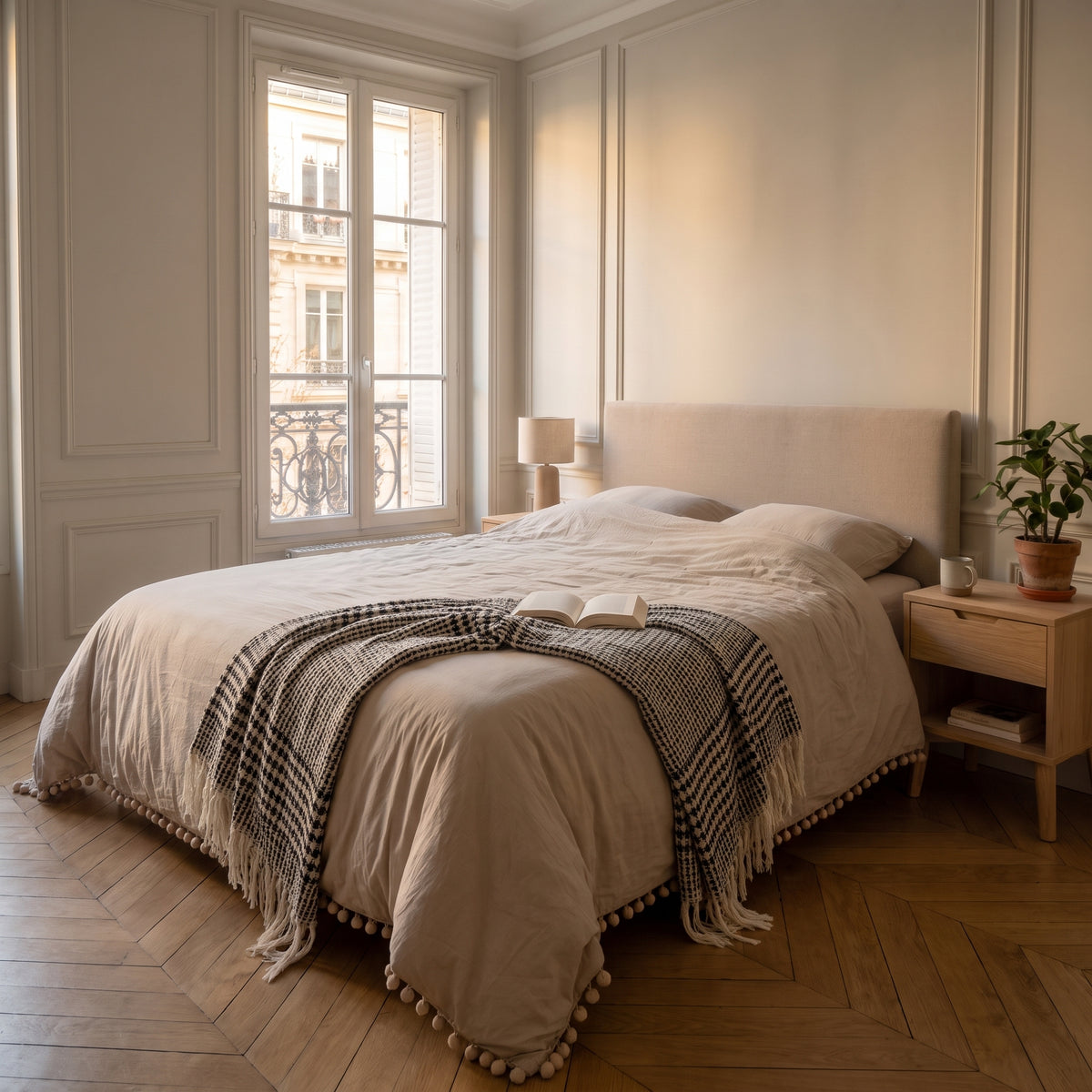 Housse de couette à pompons beige