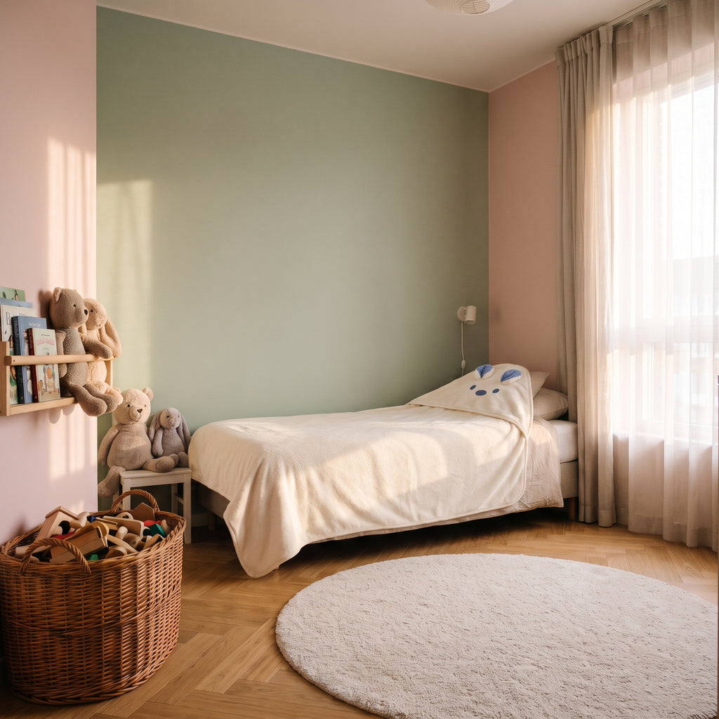 Cape de bain bébé beige à capuche animal posée sur le lit d'enfant