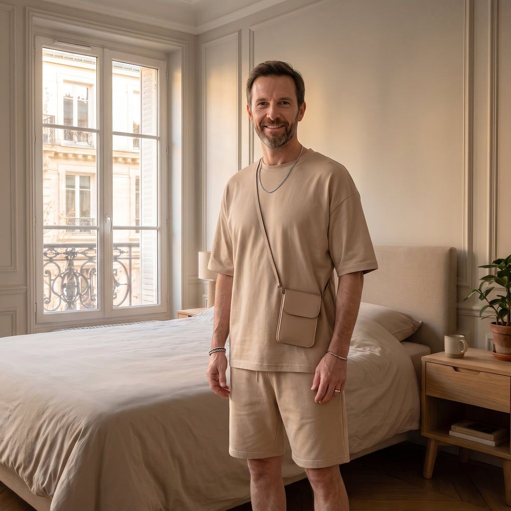 Ensemble d'été beige porté par un homme
