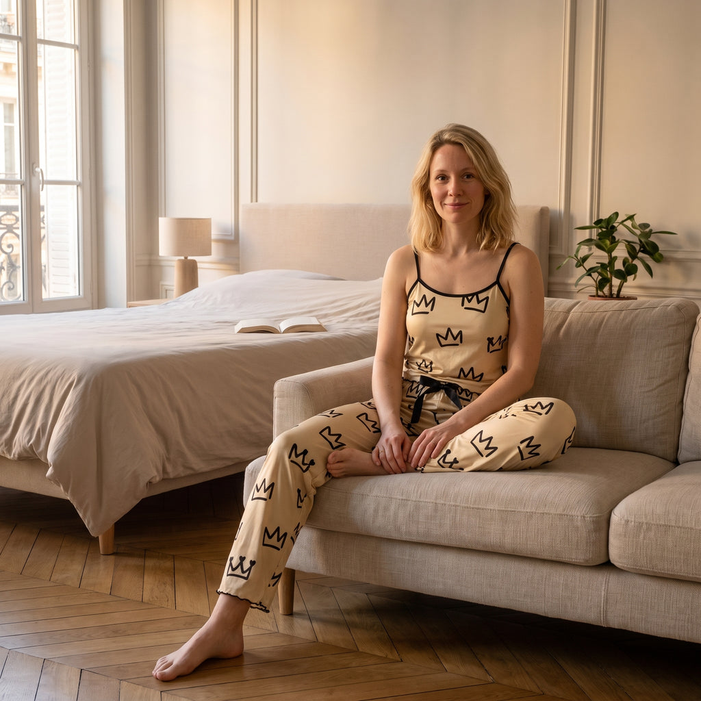 Pyjama en satin beige sans manches porté par une femme