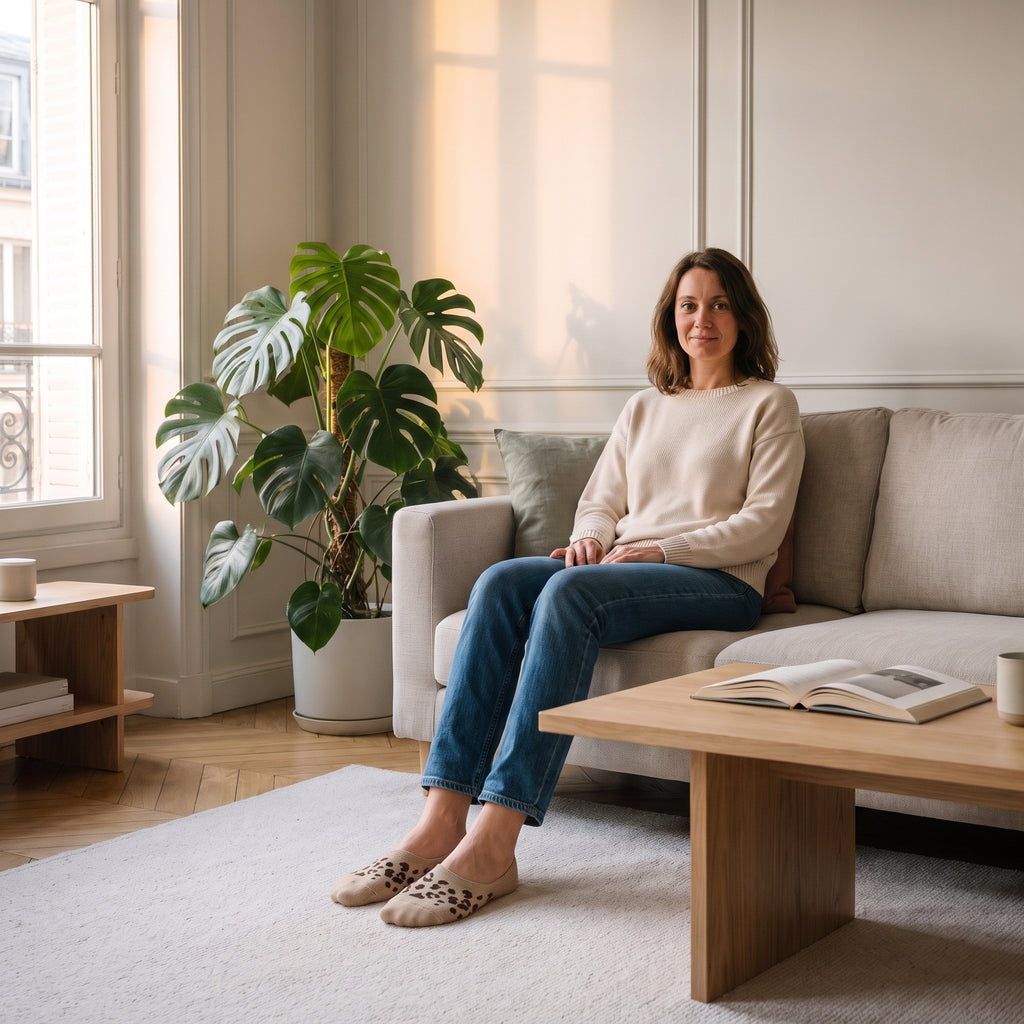 Chaussettes invisibles beiges léopard portées au salon