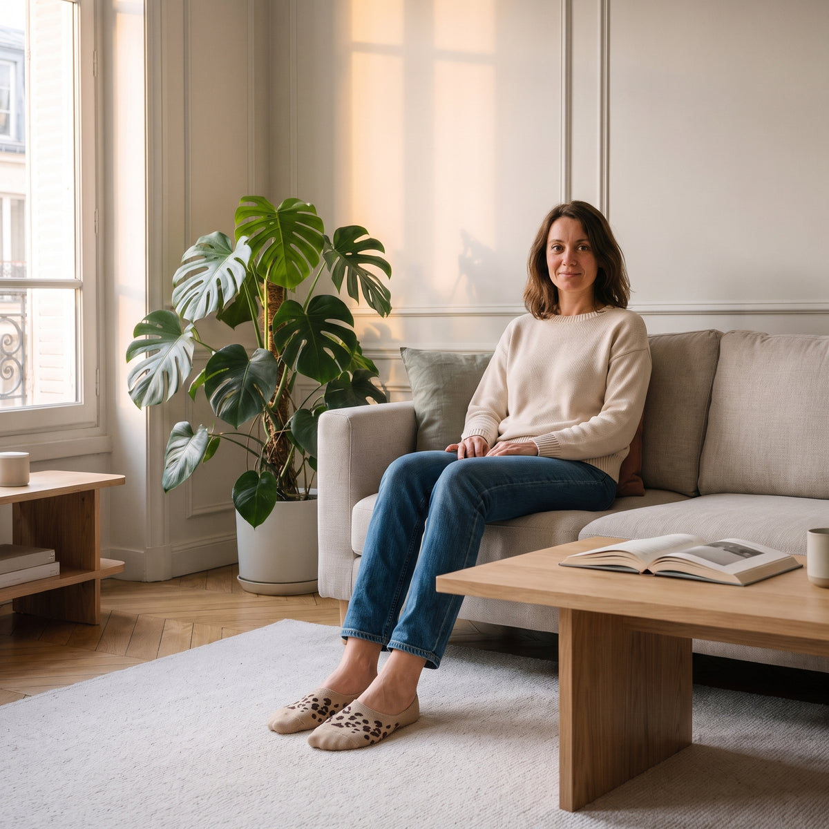 Chaussettes invisibles beiges léopard portées au salon