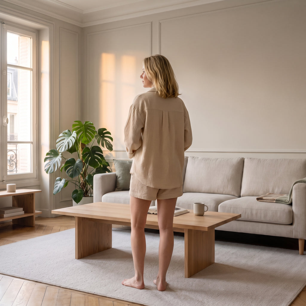 Femme de dos portant l'ensemble chemise et short en gaze de coton beige
