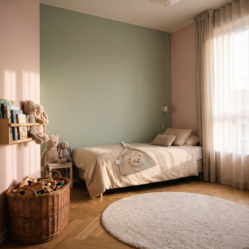 Bonnet bébé beige à ours posé sur le lit d'enfant