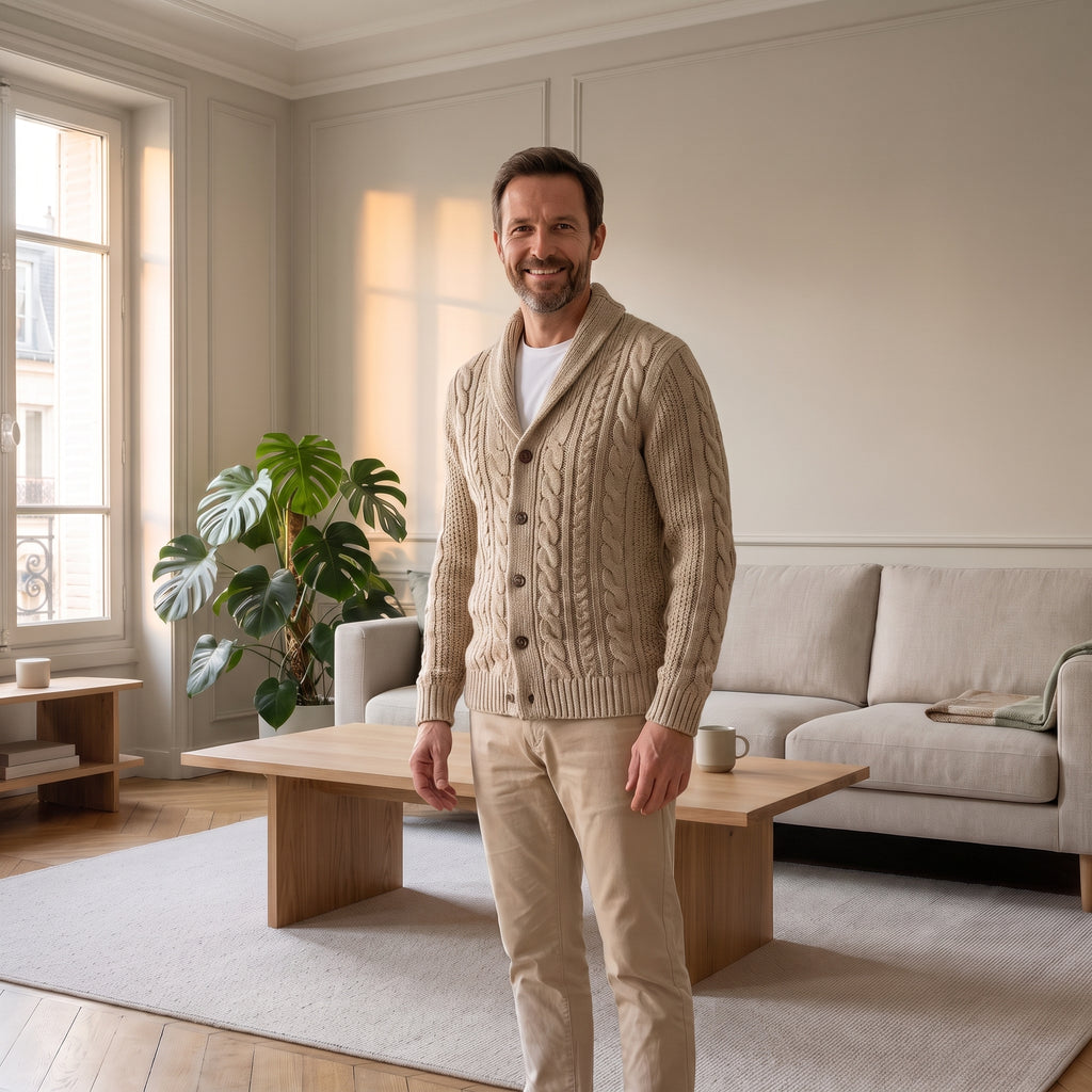 Cardigan homme beige torsadé à col châle porté dans le salon