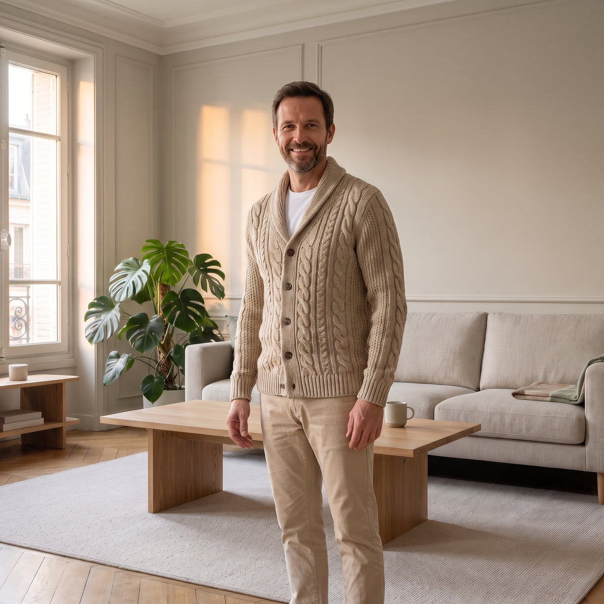Cardigan homme beige torsadé à col châle porté dans le salon