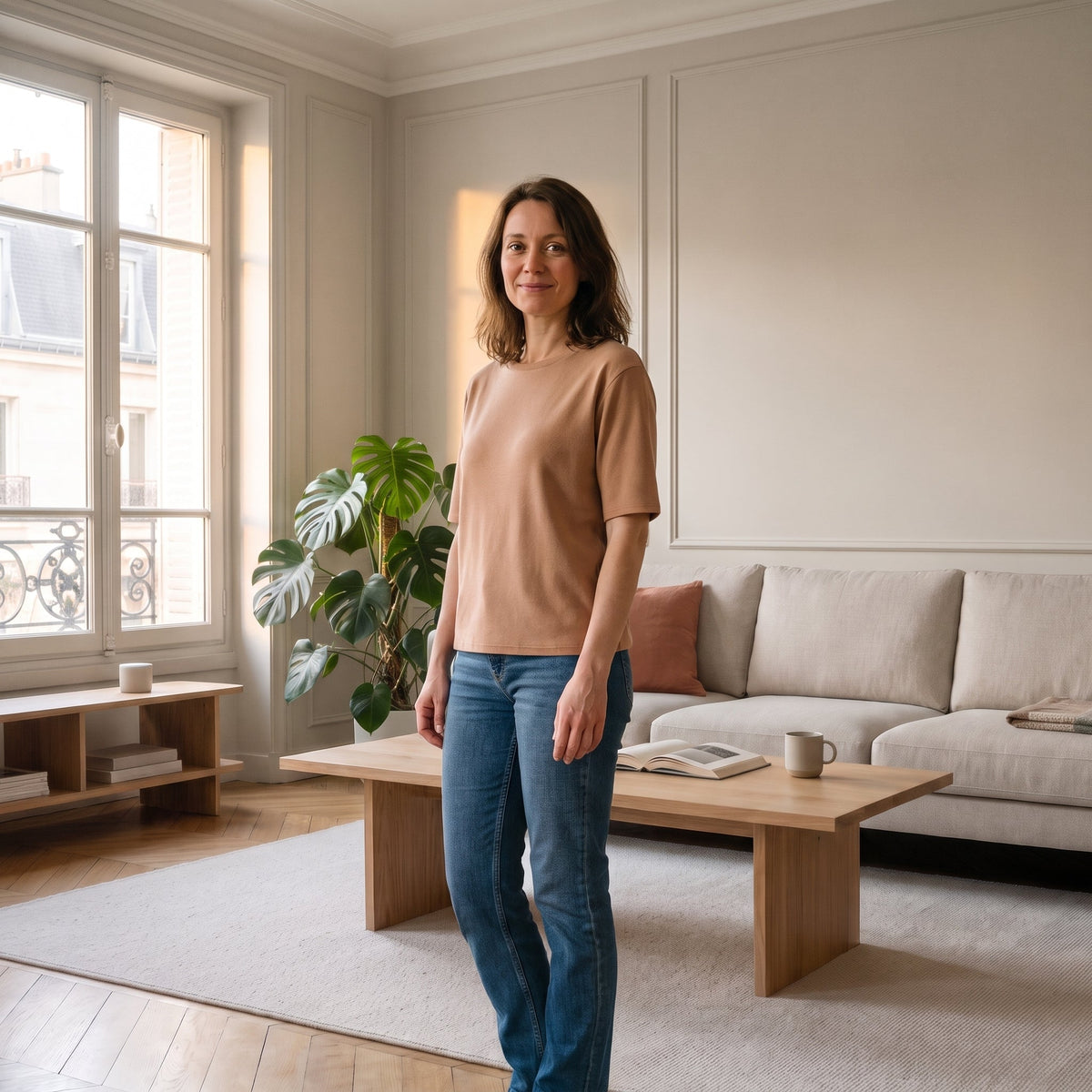 Femme portant un T-shirt col rond beige vue de face