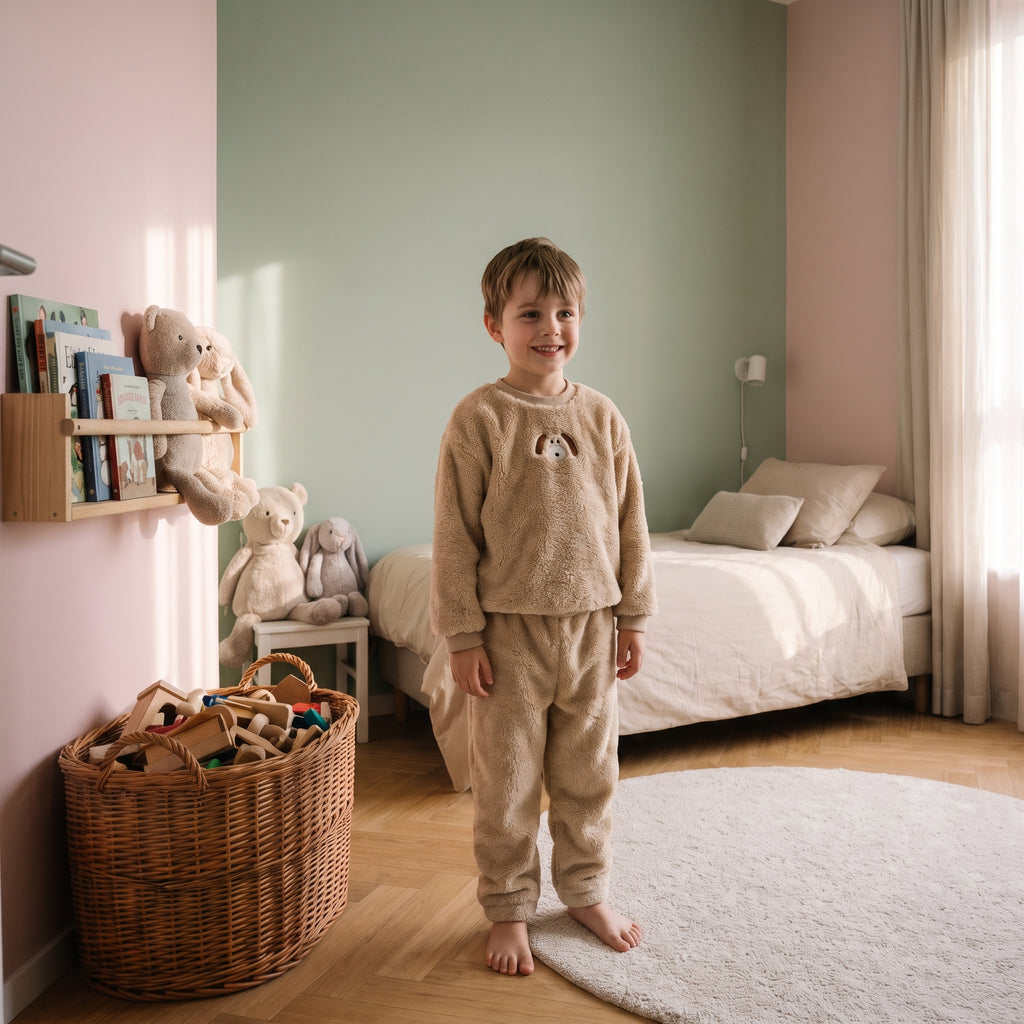 Enfant portant le pyjama peluche ours beige