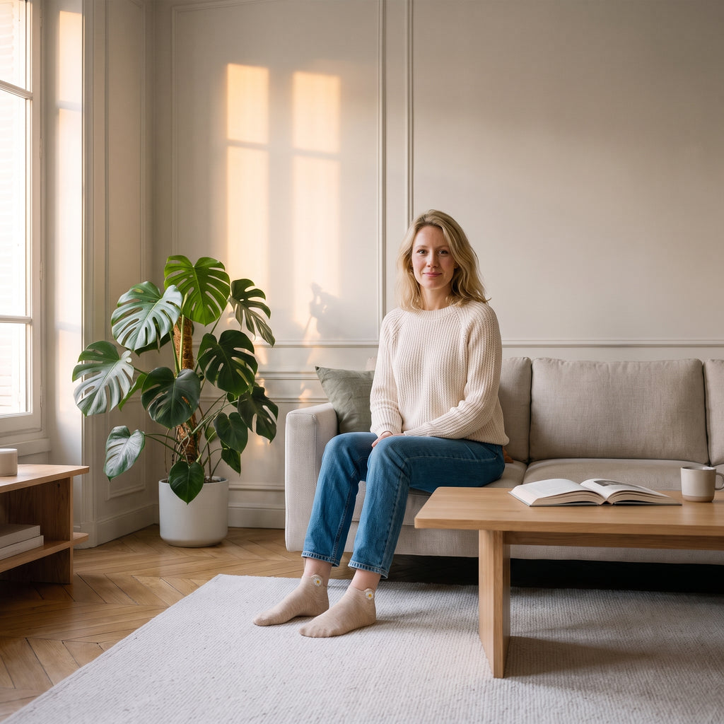 Chaussettes basses beiges à marguerite brodée portées aux pieds dans le salon
