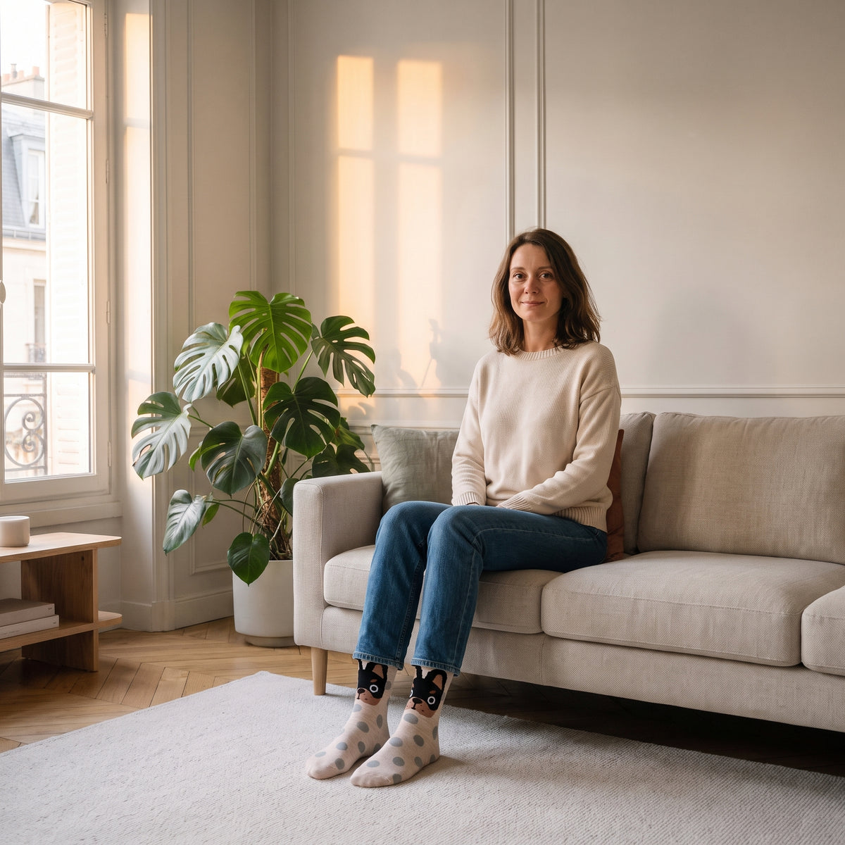 Chaussettes tête de chien beiges à pois portées