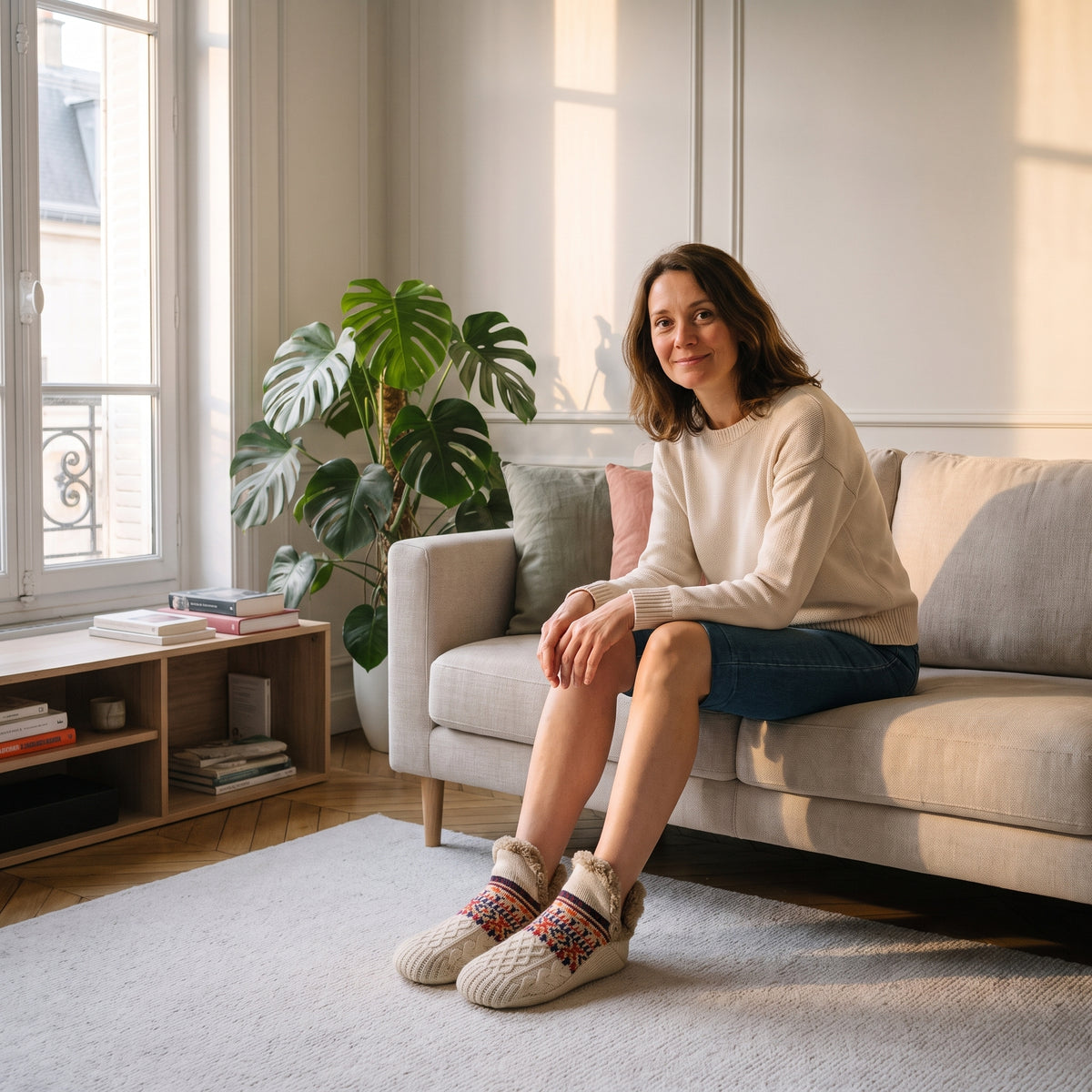 Chaussettes chaussons fourrées beiges portées aux pieds