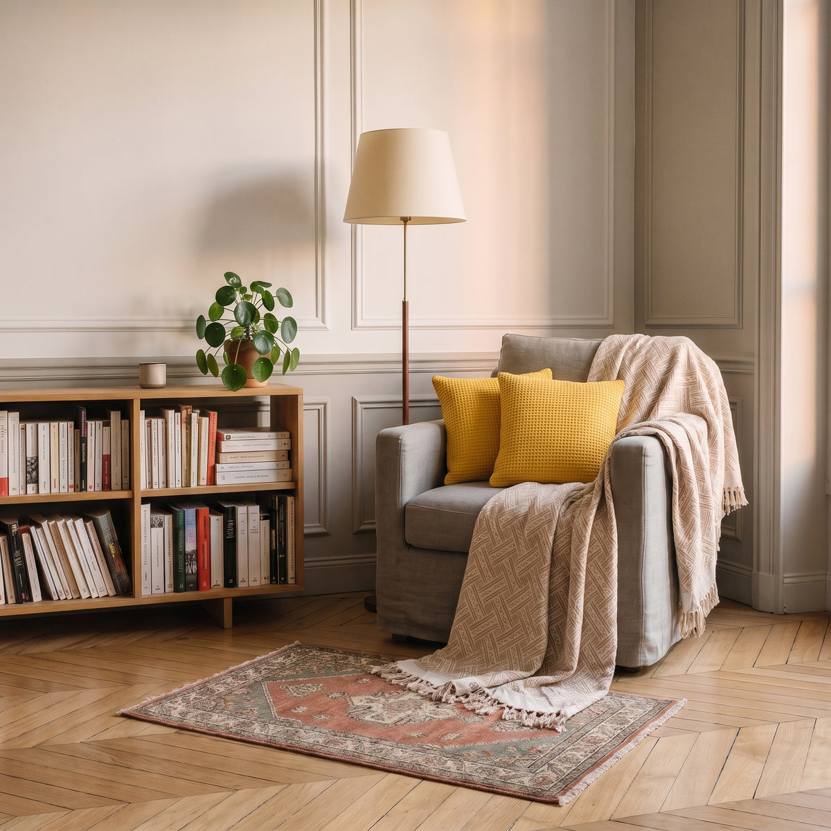 Plaid tricoté beige à franges posé sur le fauteuil du coin lecture