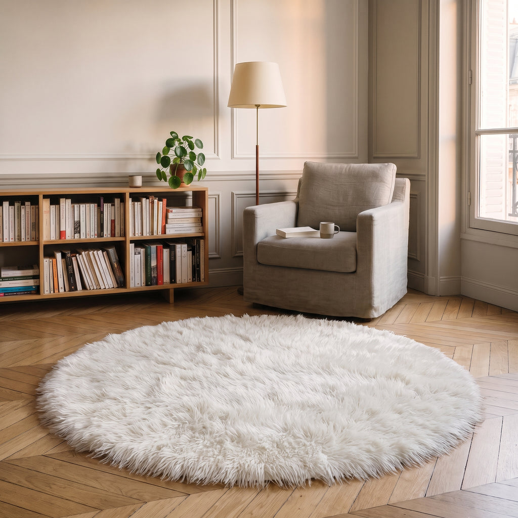 Tapis rond à poils longs coloris Blanc, posé devant le fauteuil d'un coin lecture