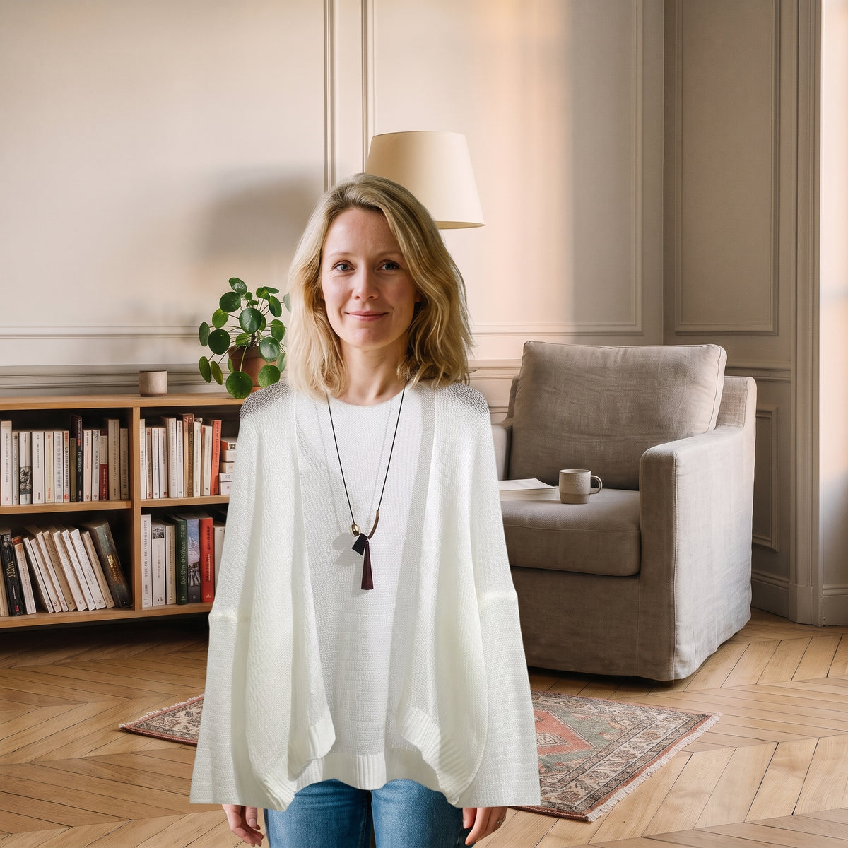 Cardigan blanc en maille ajourée porté dans un coin lecture