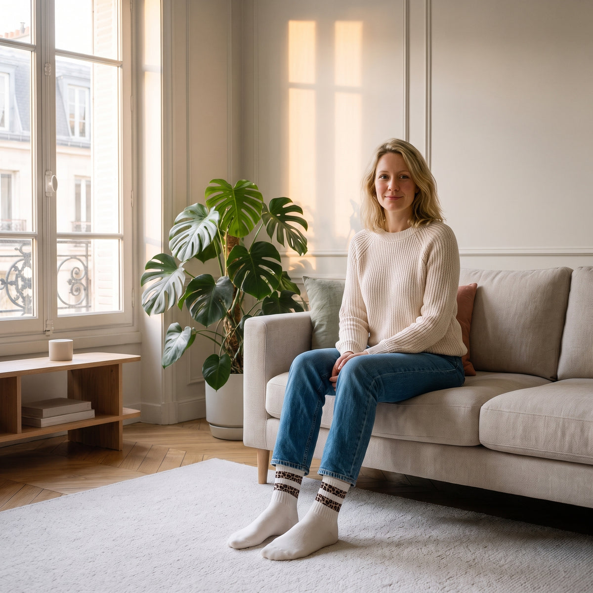Chaussettes blanches à rayures léopard portées, pieds au premier plan