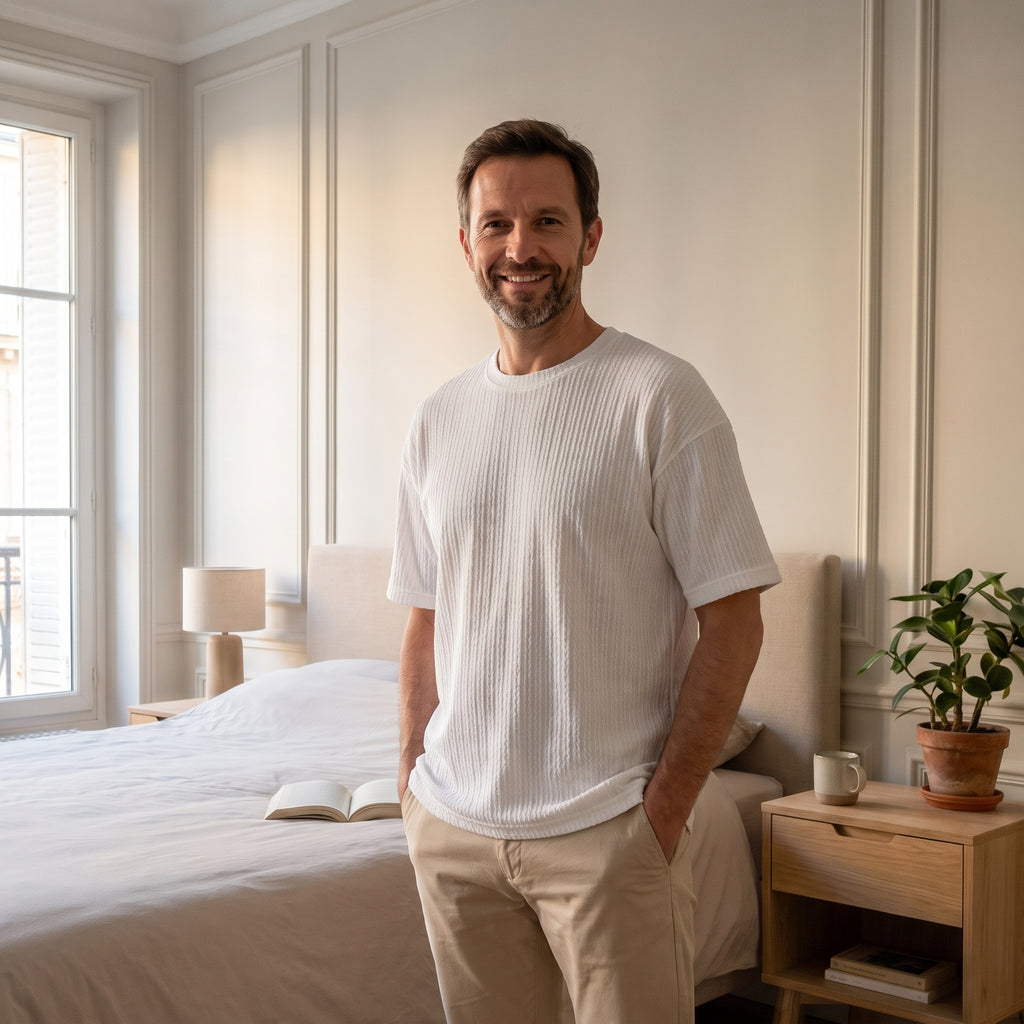 T-shirt maille torsadée blanc porté par un homme dans sa chambre