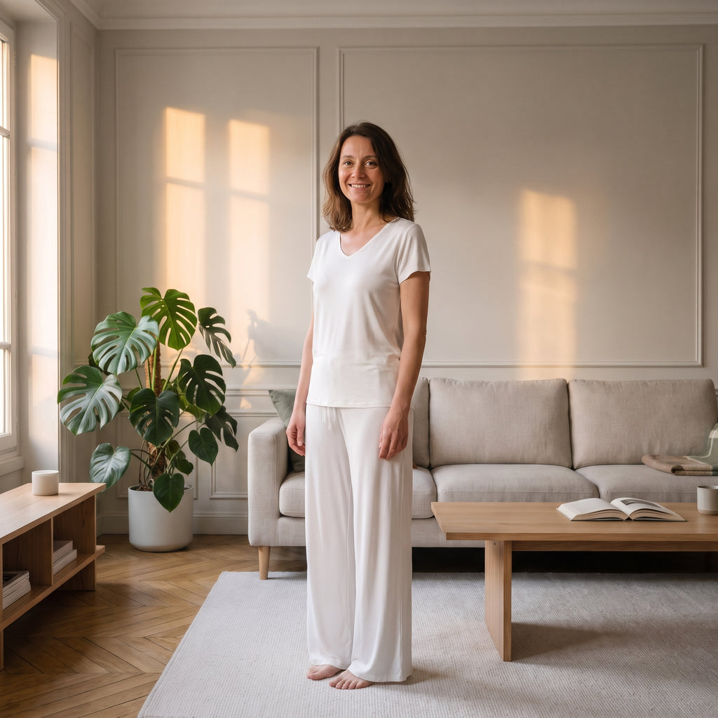 Pyjama mi-saison blanc porté par une femme dans le salon