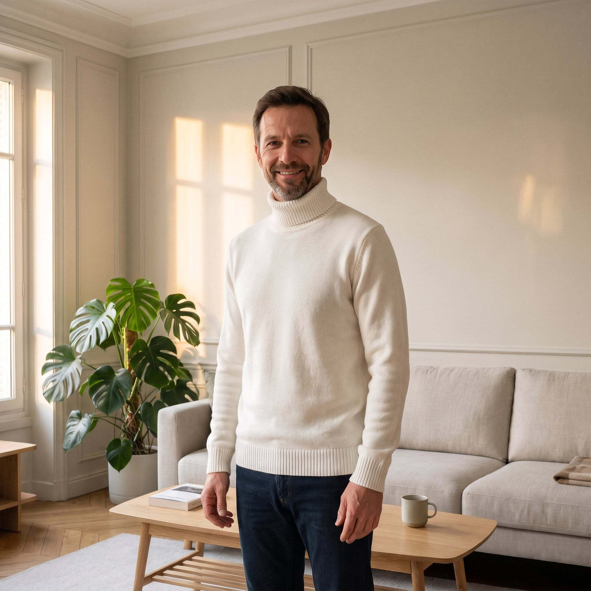 Pull col roulé polaire blanc porté par un homme