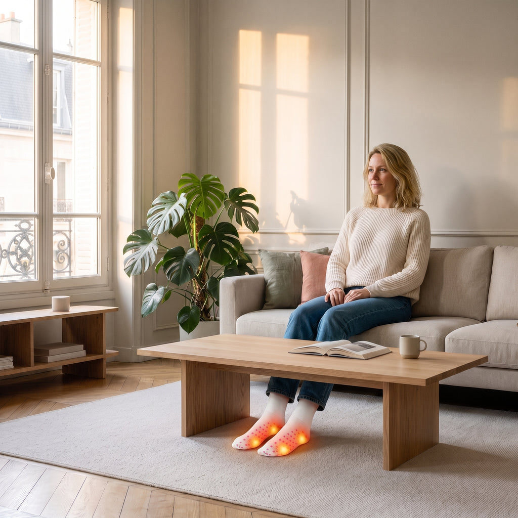 Chaussettes unisexes blanches en coton portées aux pieds dans le salon