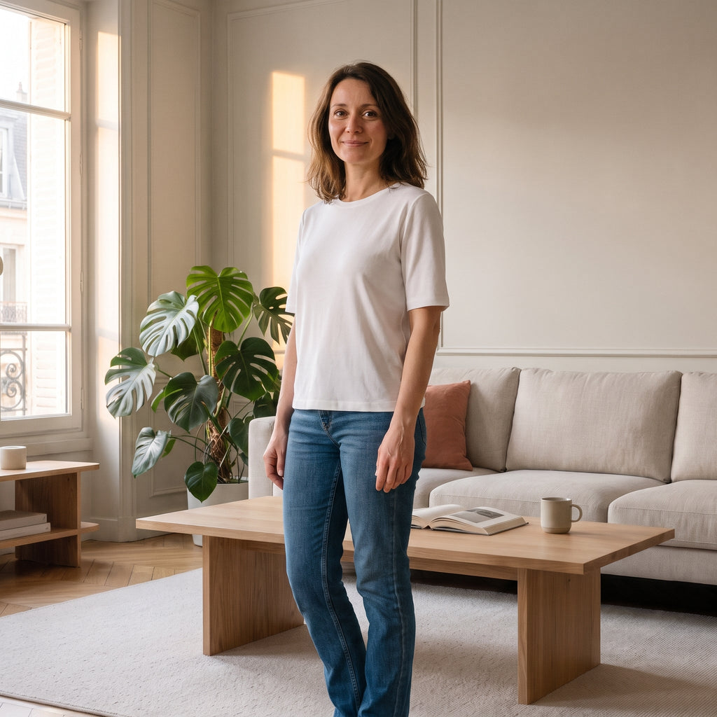 Femme portant un T-shirt col rond blanc