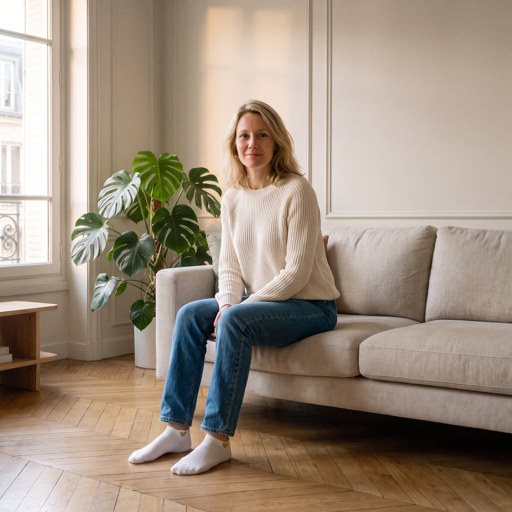 Chaussettes basses blanches à cœur doré portées aux pieds dans le salon