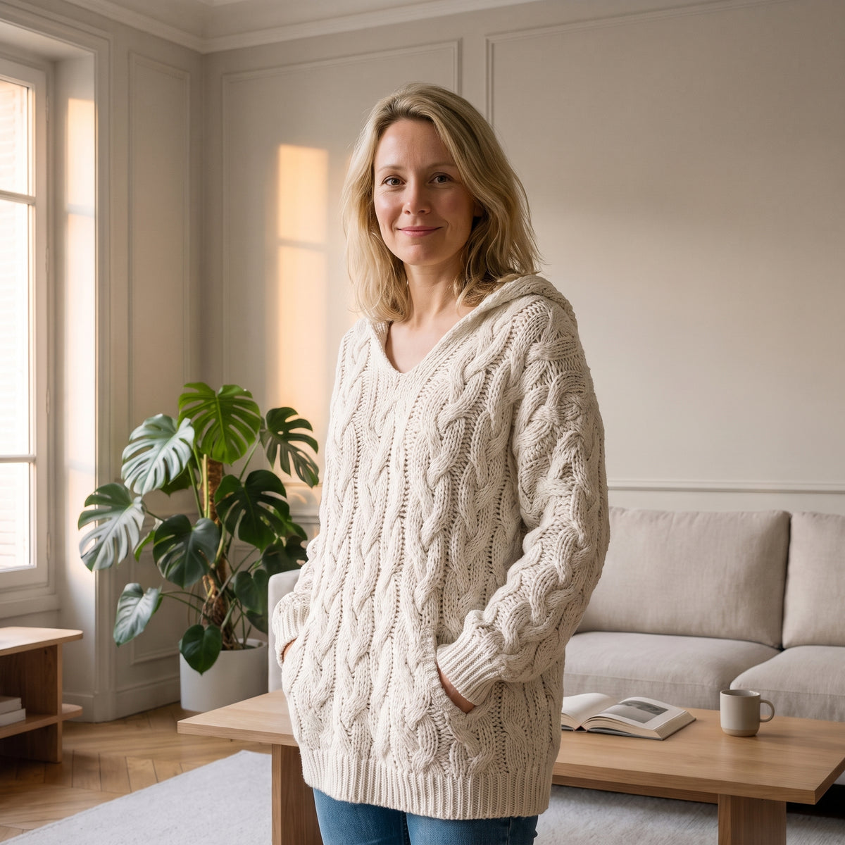 Pull en grosse maille blanc porté par une femme