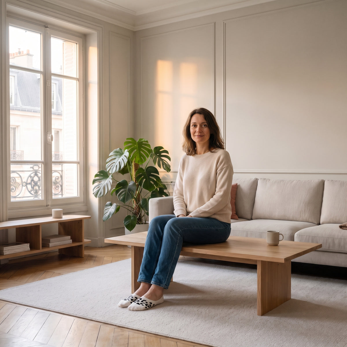 Chaussettes invisibles blanches léopard portées au salon