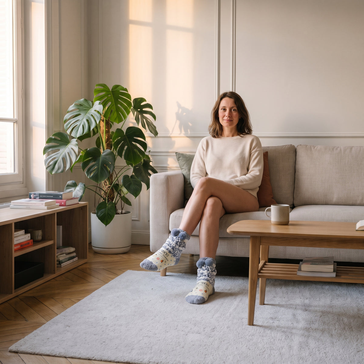 Chaussettes à pompons blanches portées aux pieds