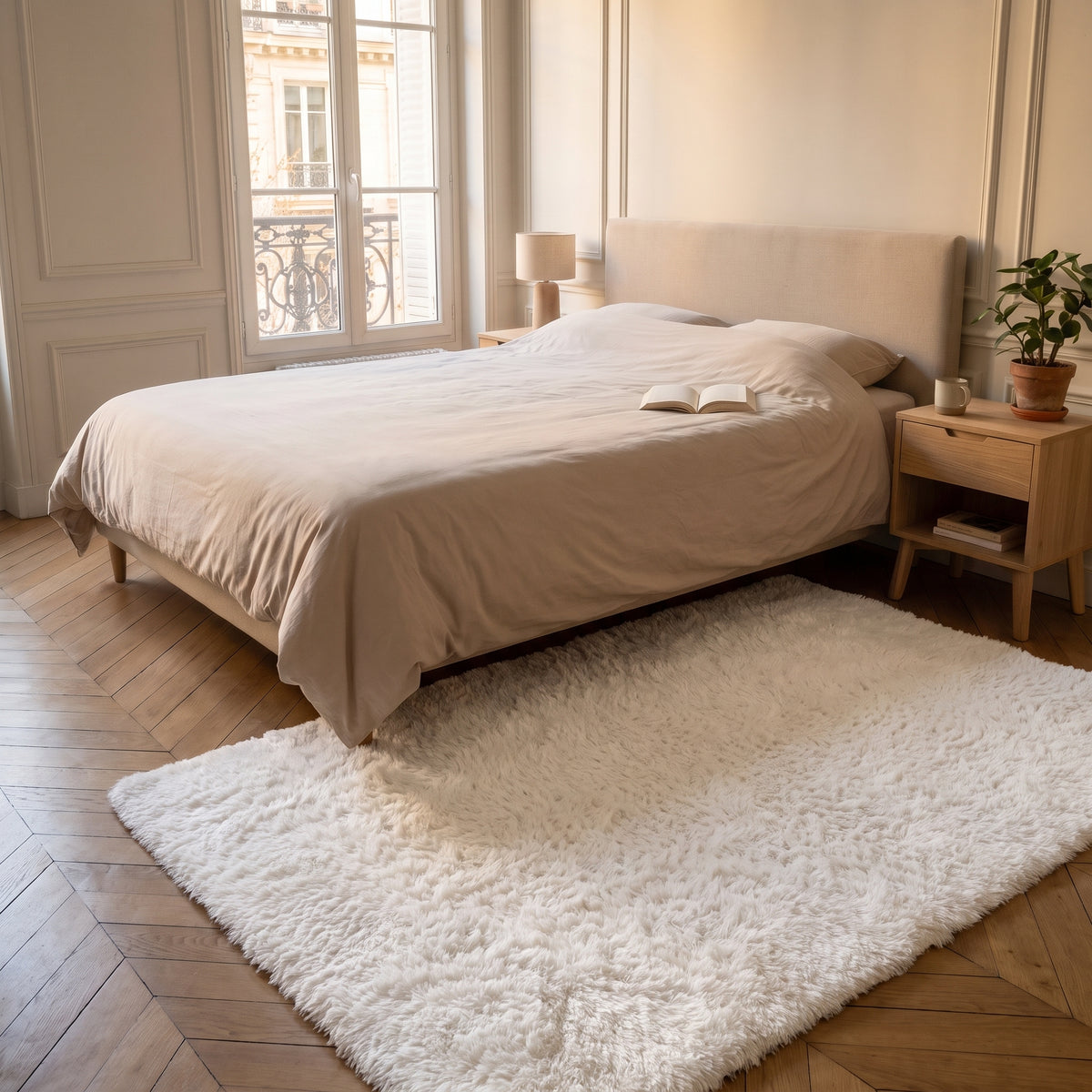 Tapis à poils longs blanc déployé au pied du lit, sur le parquet à chevrons de la chambre