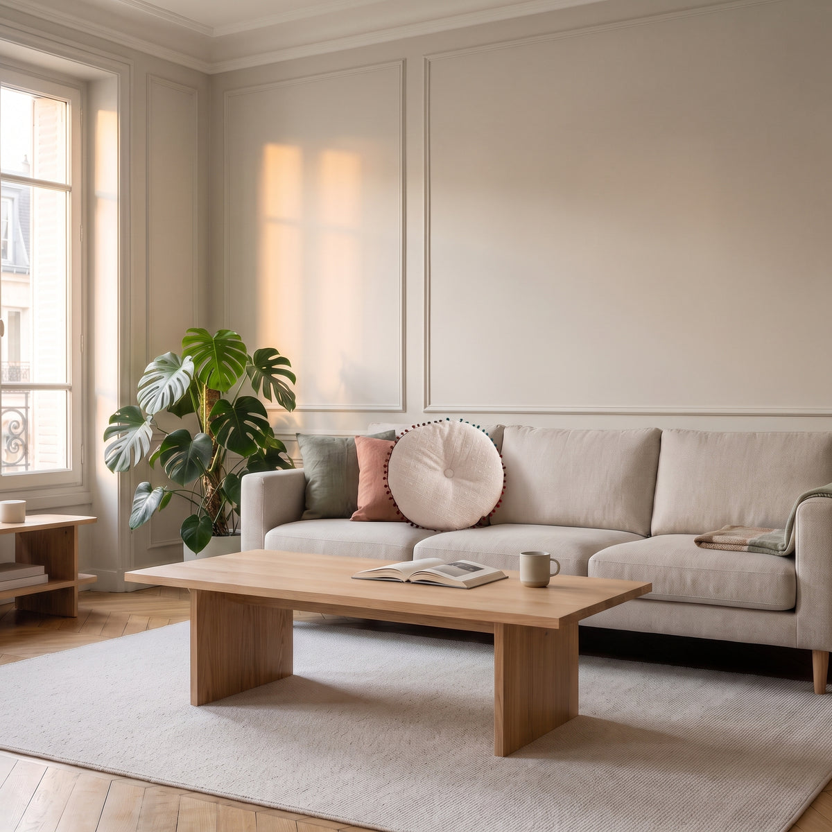 Coussin rond blanc à pompons