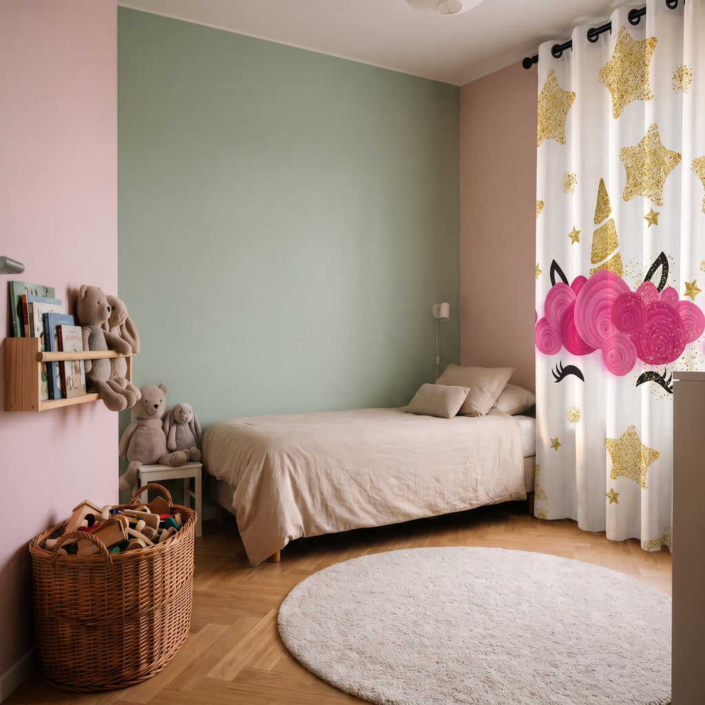 Rideau licorne occultant blanc sur une fenêtre de chambre d'enfant