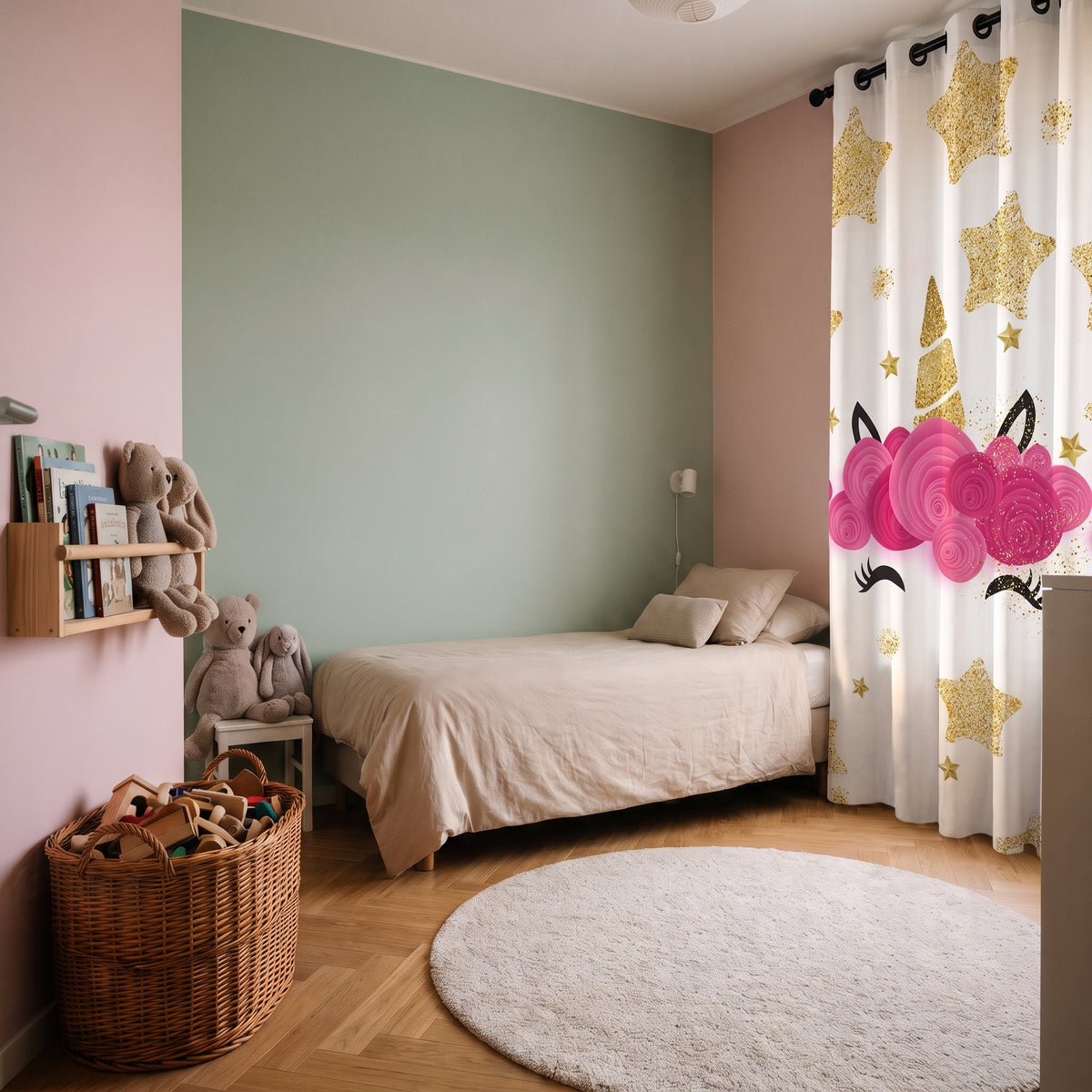 Rideau licorne occultant blanc sur une fenêtre de chambre d'enfant