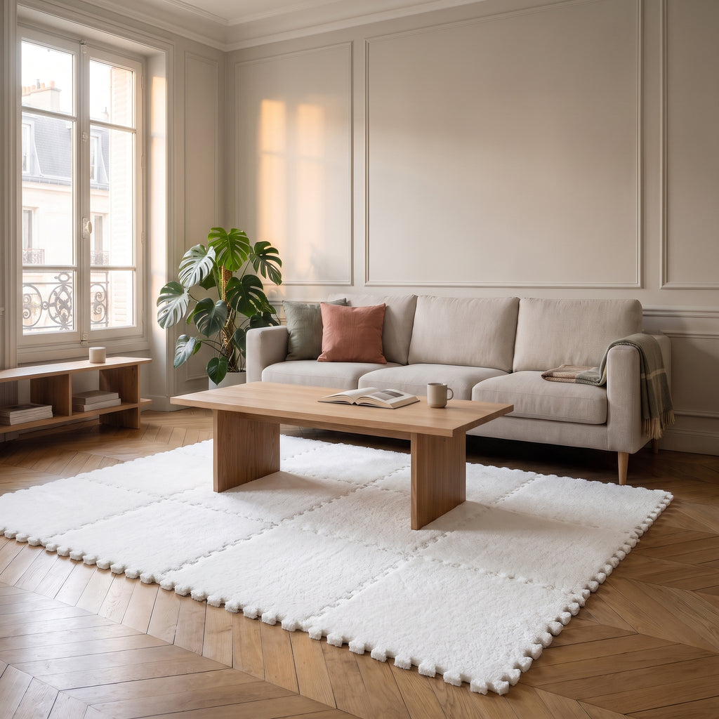 Carrés de tapis en mousse blancs emboîtés dans un salon