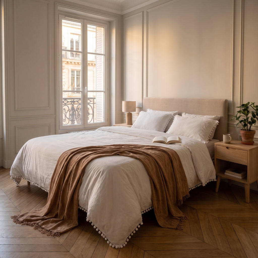 Housse de couette à pompons blanche