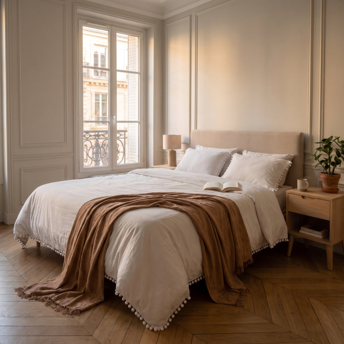Housse de couette à pompons blanche