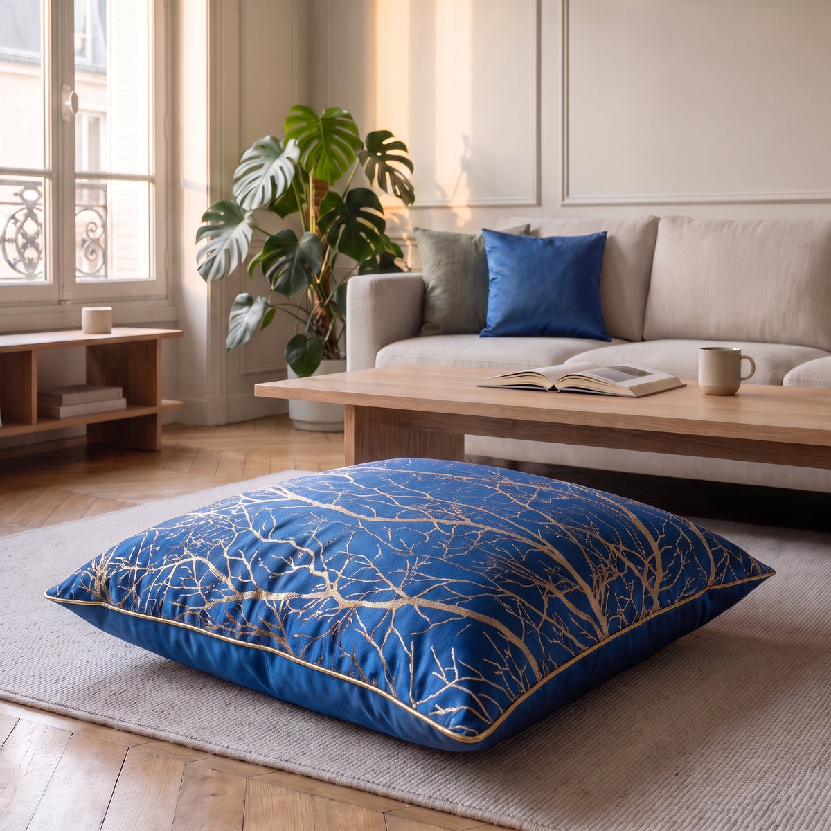 Coussin jacquard satiné bleu aux branchages argentés posé sur un fauteuil