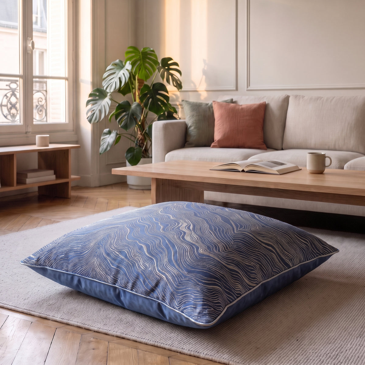Coussin jacquard satiné bleu aux ondes argentées posé sur un fauteuil