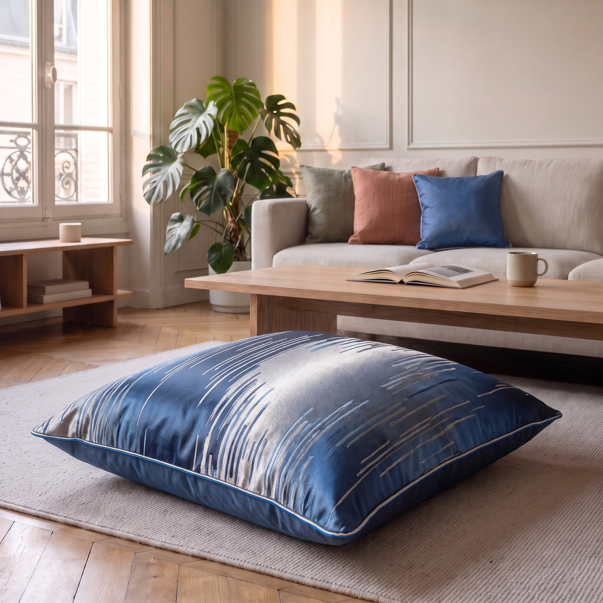 Coussin jacquard satiné bleu aux traits verticaux posé sur un fauteuil
