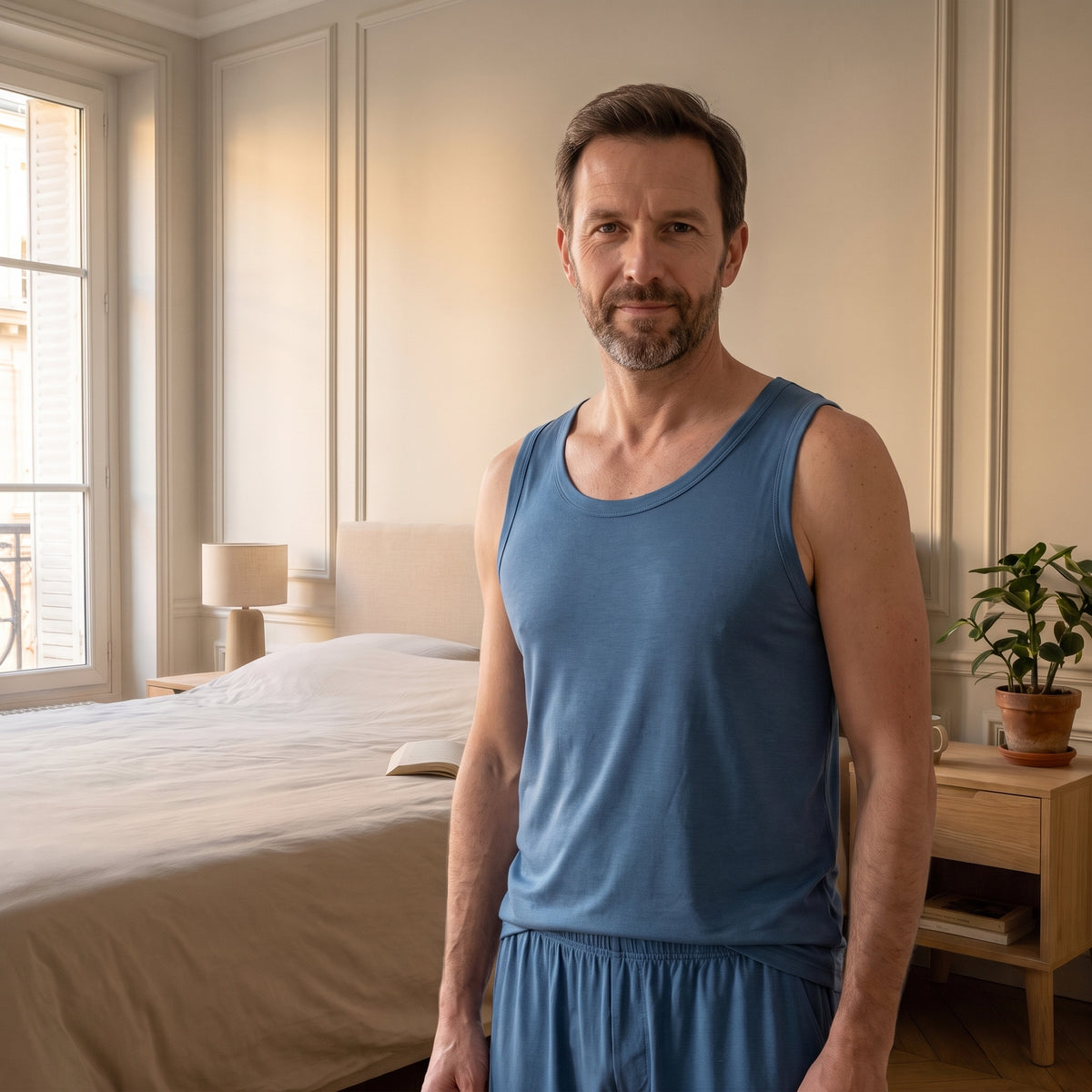 Pyjama d'été bleu canard porté par un homme