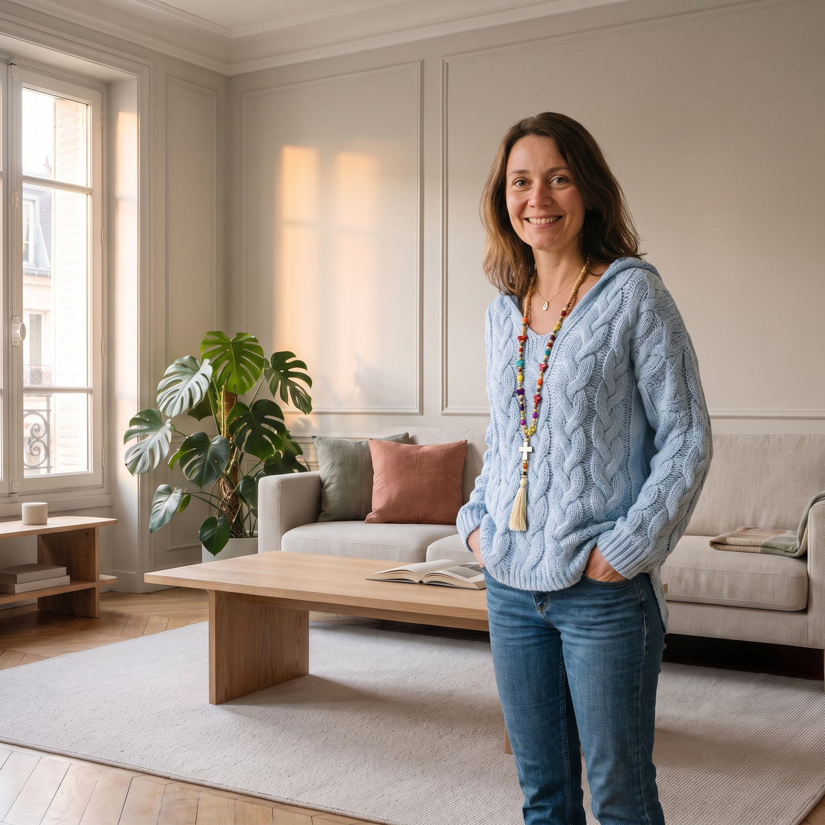 Pull en grosse maille bleu ciel porté par une femme